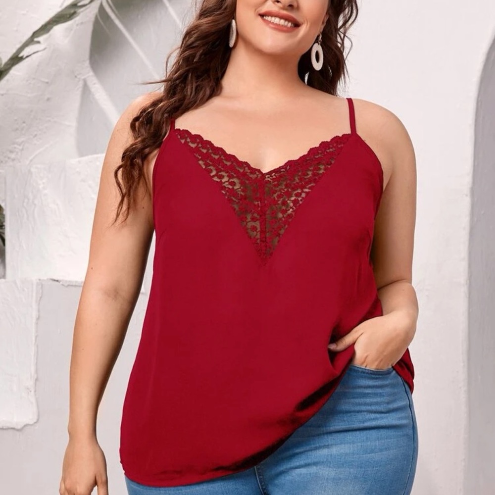 Lace v neck cami tank top red Boho minimalist business casual